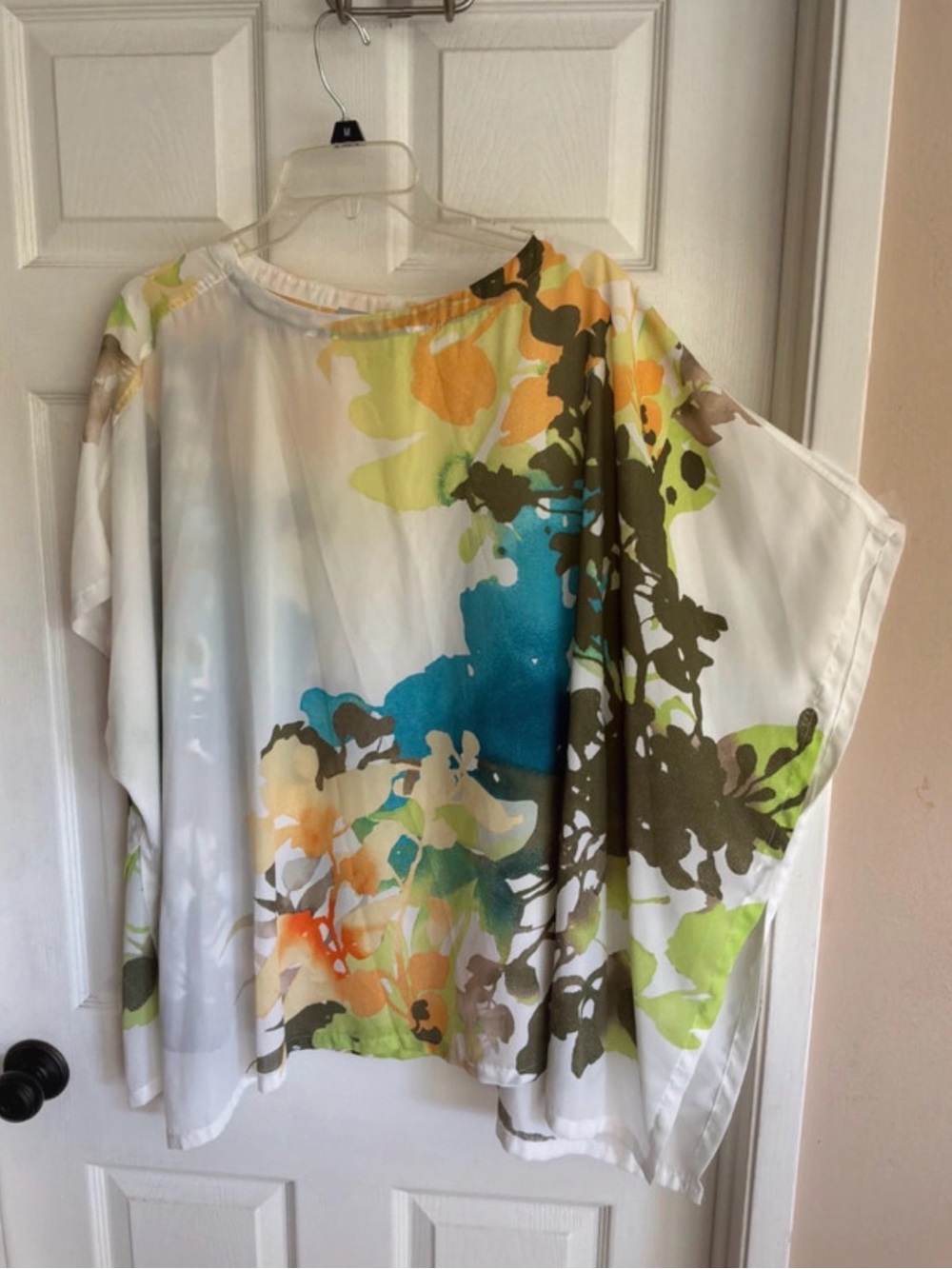 Chico's White Blouse with Teal, Olive and Orange Watercolor Floral